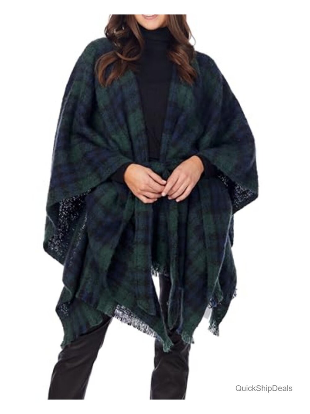 Belted Poncho Wrap Plaid Fuzzy Heavyweight Sleeveless One Size